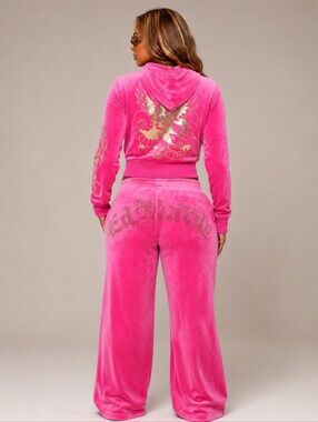 LOT ED HARDY Pink Velour Tracksuit HOODIE & JOGGERS Womens 1X